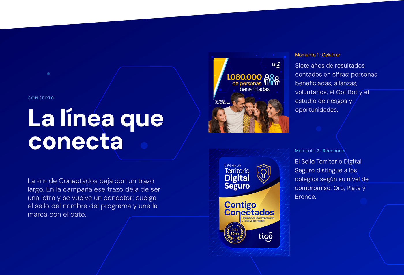 Concepto «La línea que conecta»: el trazo de la «n» de Conectados enlaza un post de resultados y la placa del Sello Oro