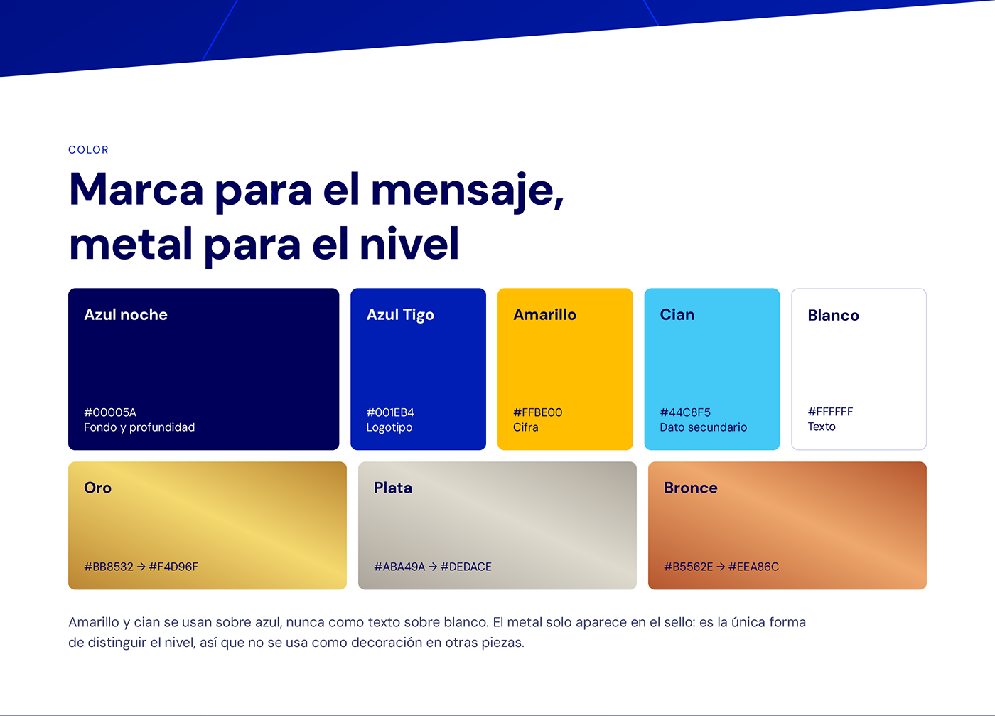 Paleta: azul noche, azul Tigo, amarillo, cian y blanco para el mensaje; degradados oro, plata y bronce sólo para el nivel del sello