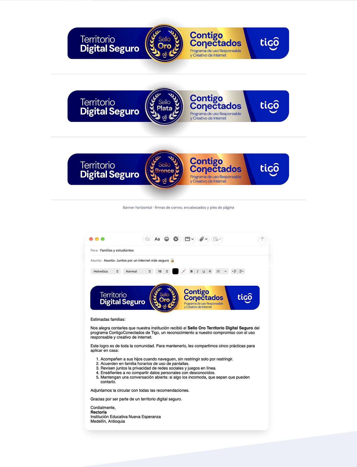 Banners horizontales del sello en Oro, Plata y Bronce, y el de Oro como encabezado de un correo de un colegio a las familias