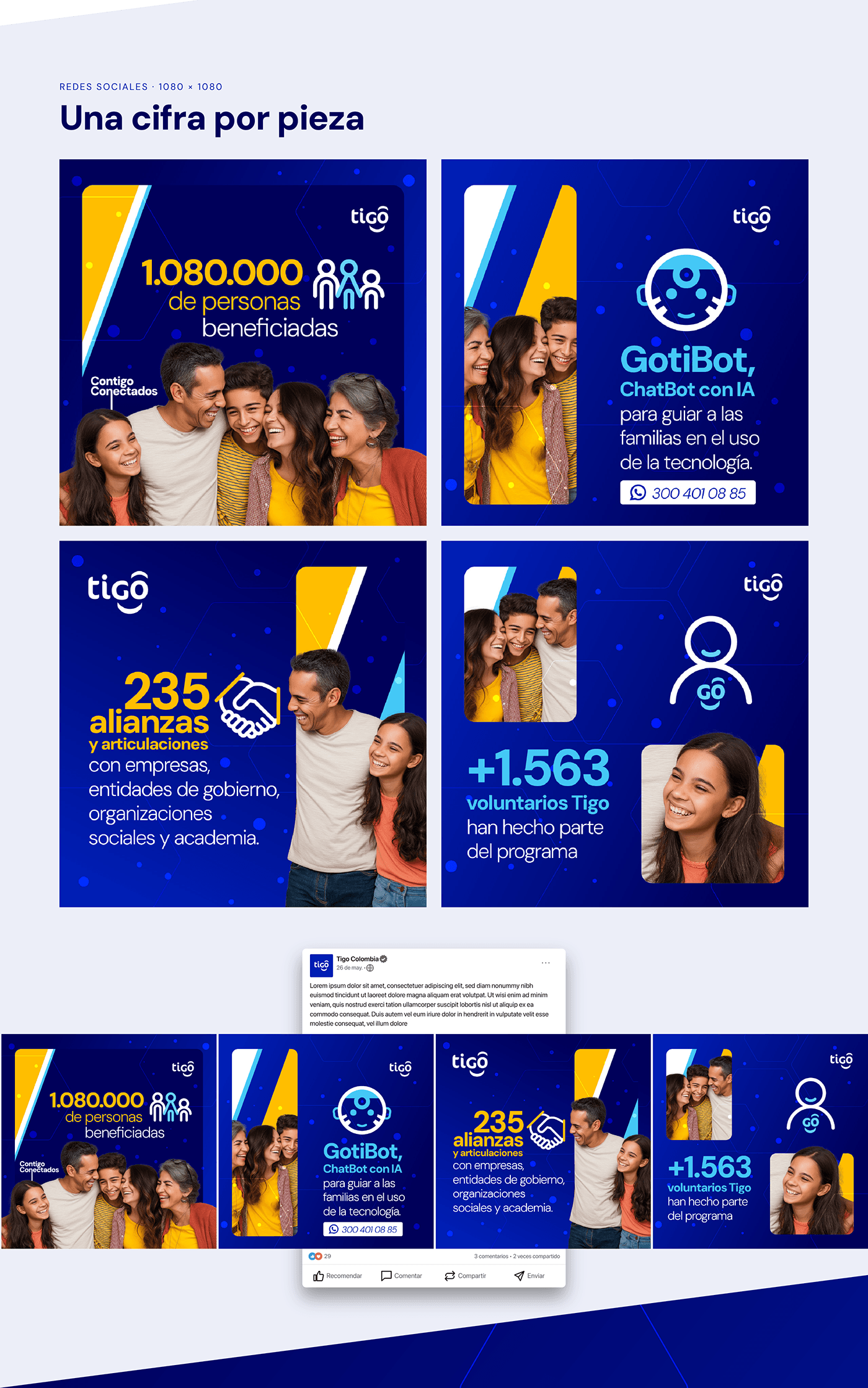 Cuatro posts 1:1, una cifra por pieza: 1.080.000 personas beneficiadas, GotiBot, 235 alianzas y más de 1.563 voluntarios Tigo, y su vista en el feed