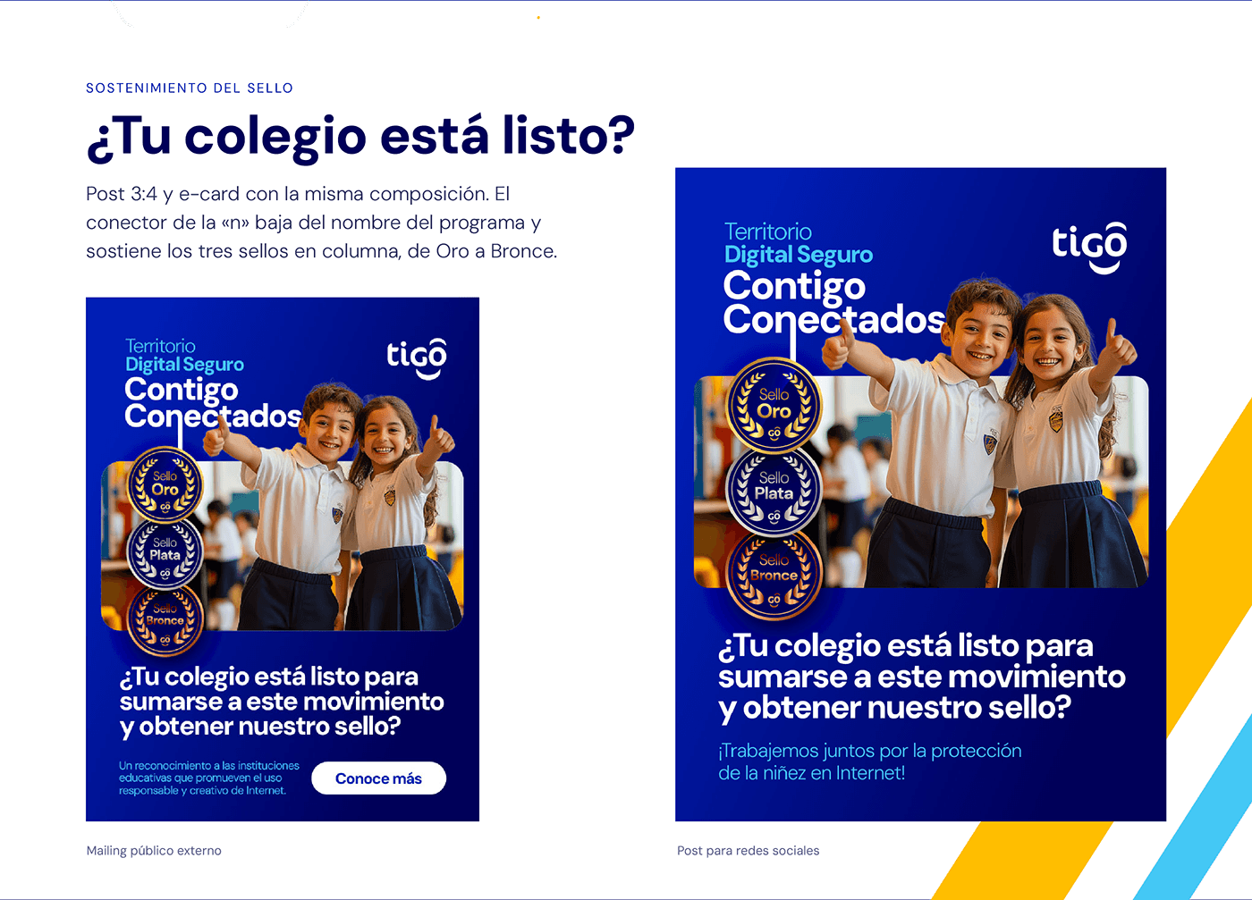 Convocatoria «¿Tu colegio está listo?»: e-card y post 3:4 con los tres sellos en columna colgados del trazo de la «n»