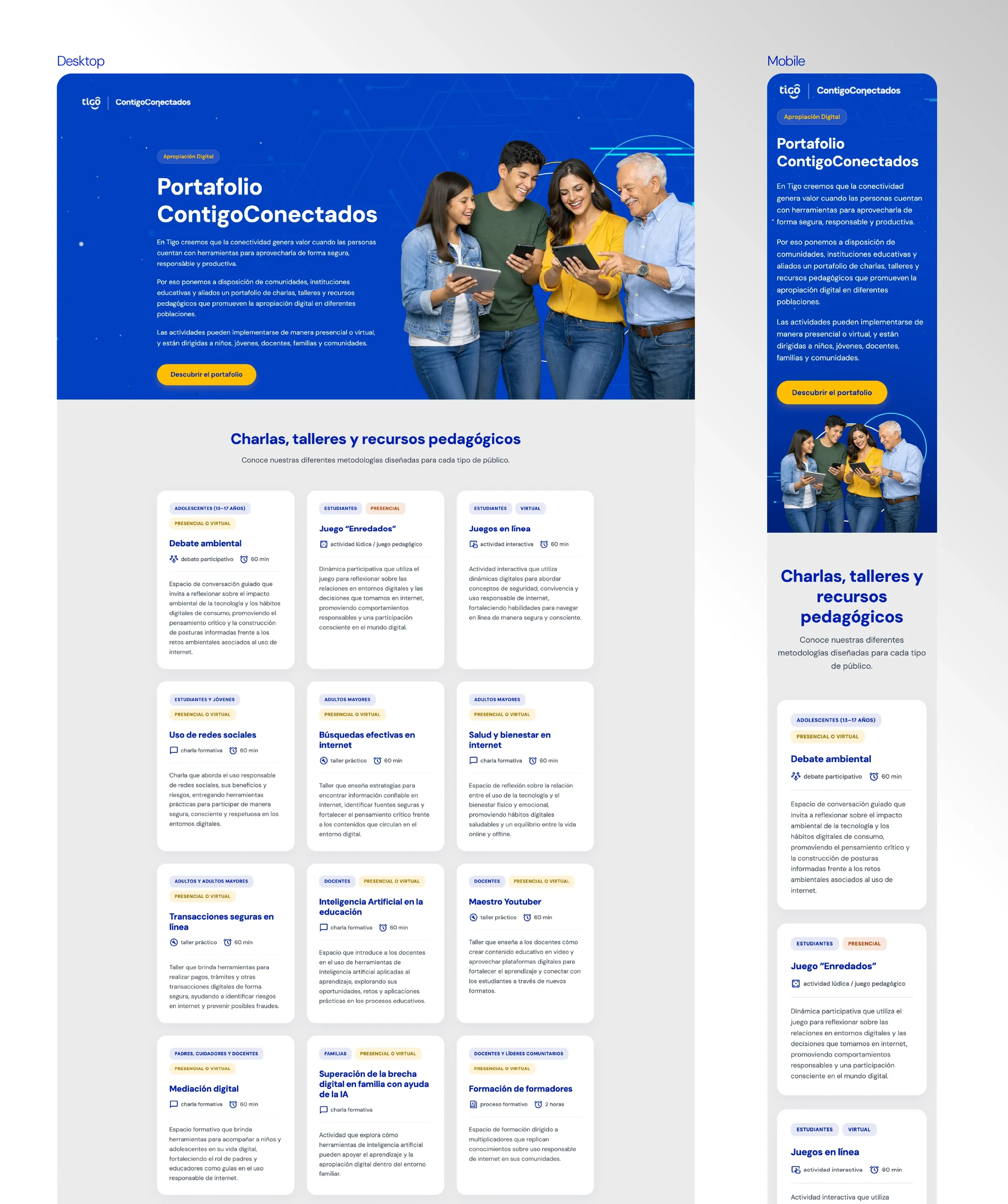 Landing «Portafolio ContigoConectados» en escritorio y celular: portada azul con personas de distintas edades y la lista de charlas, talleres y recursos pedagógicos