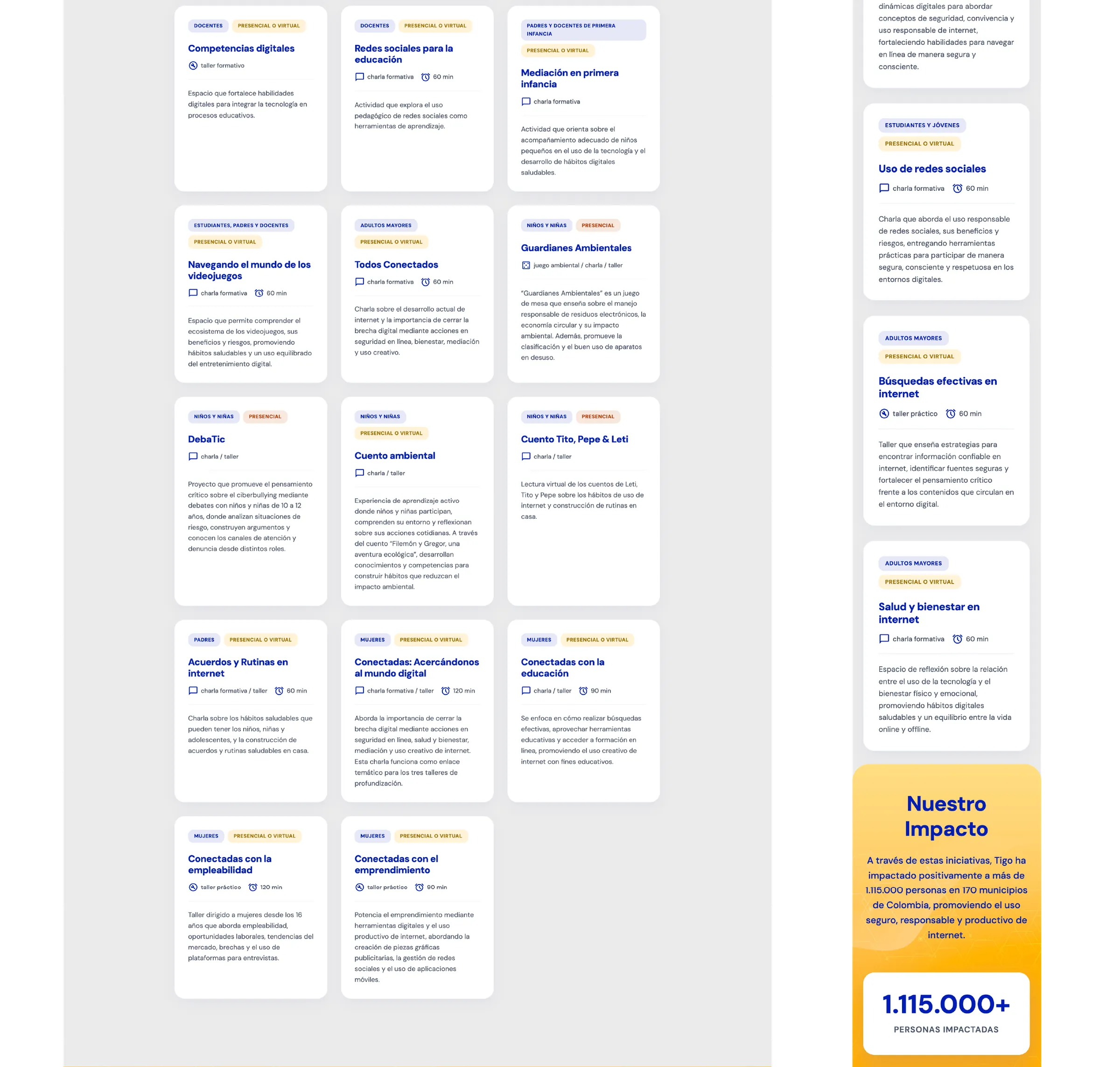 Catálogo de tarjetas de charlas y talleres de la landing, en escritorio y celular