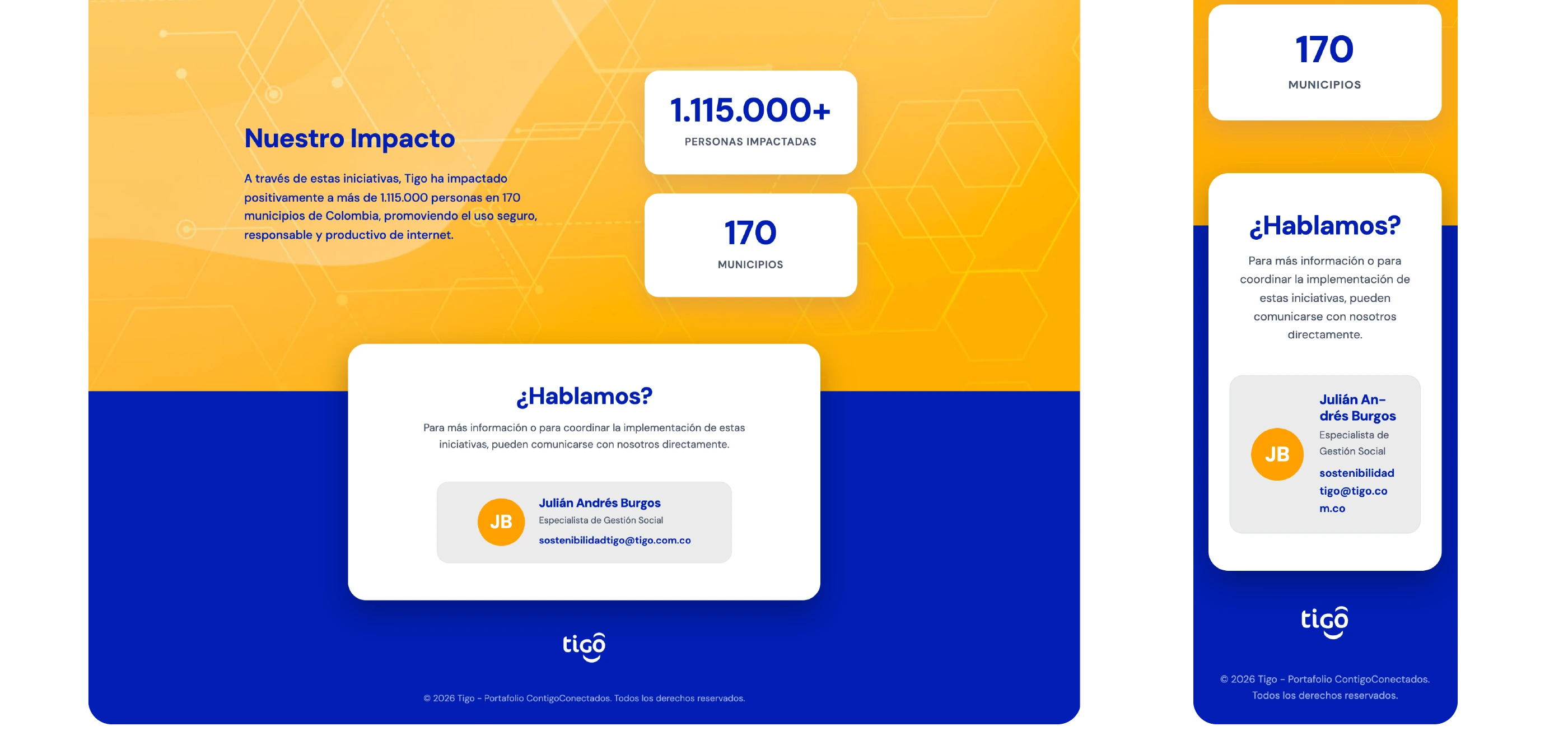 Bloque «Nuestro impacto» sobre fondo amarillo y azul: más de 1.115.000 personas impactadas en 170 municipios, y el contacto «¿Hablamos?»