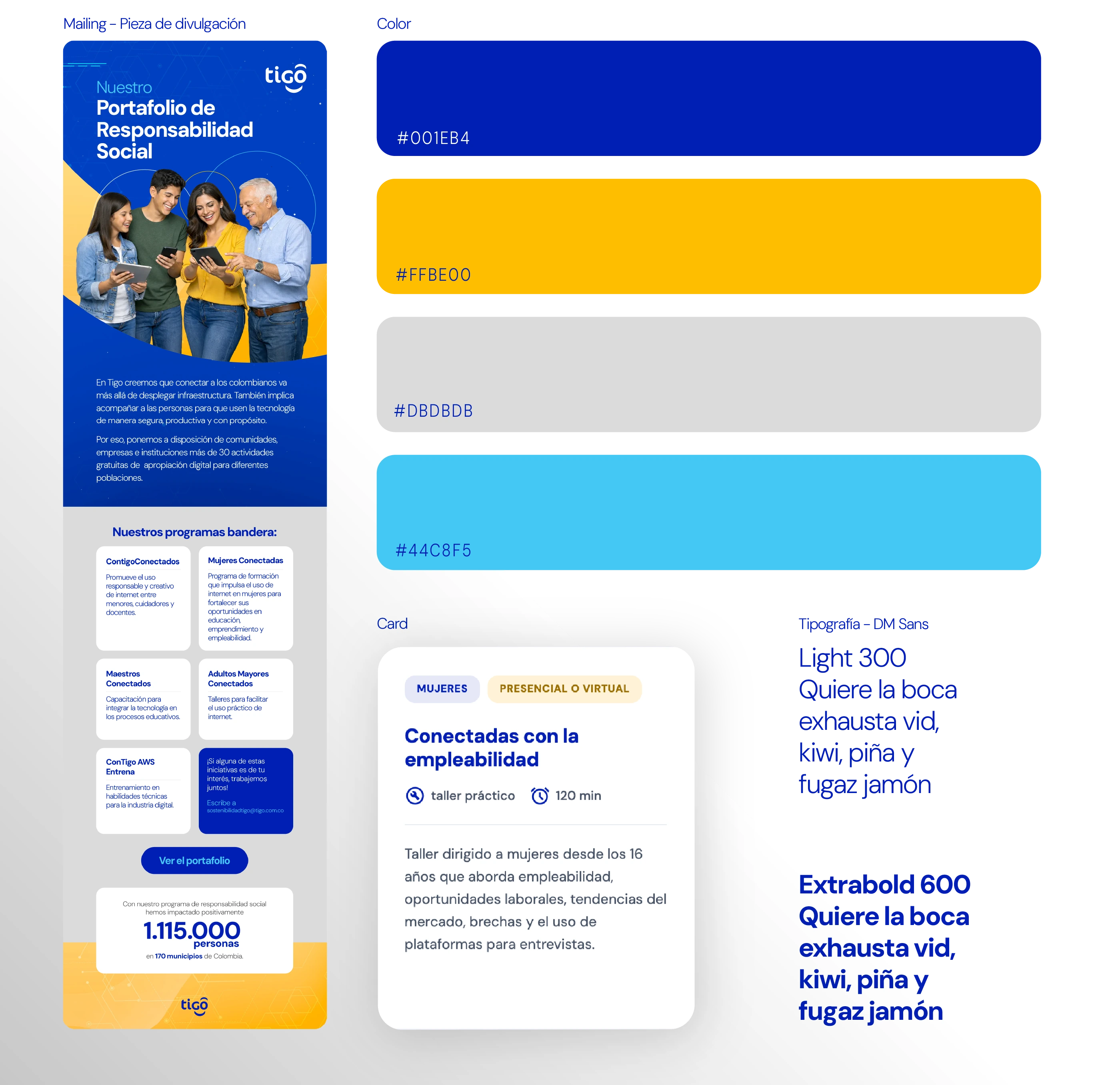 Mailing de captación del portafolio de responsabilidad social, con su paleta de color (azul, amarillo, gris y cian) y una tarjeta de taller