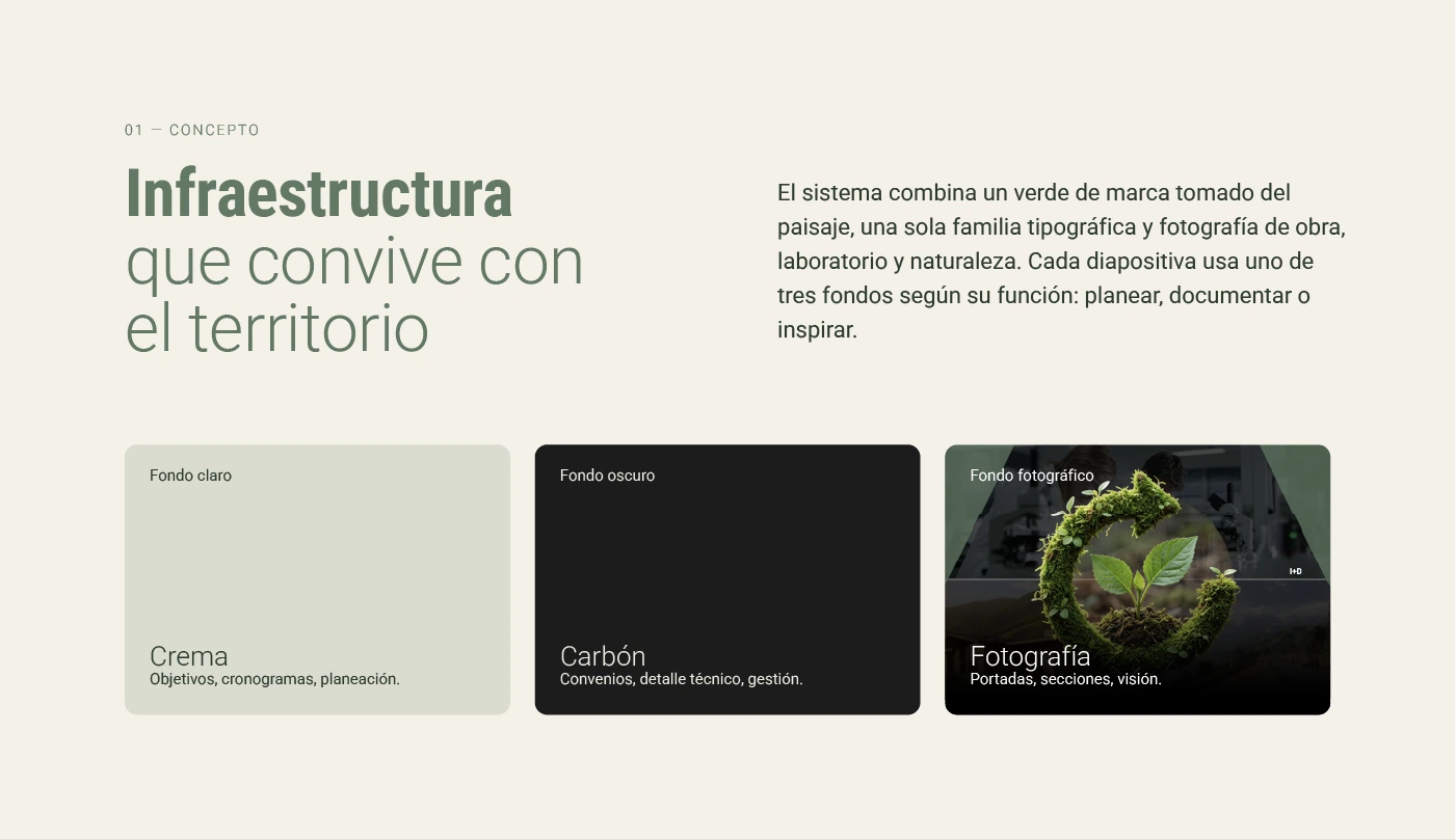 Concepto: «Infraestructura que convive con el territorio». Tres fondos según la función de la lámina: crema, carbón y fotografía