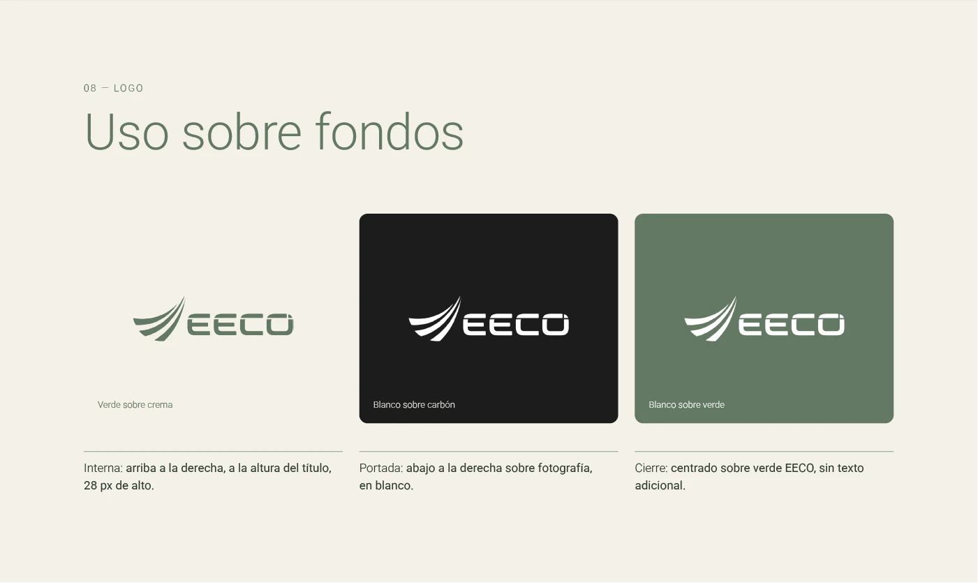 Uso del logo sobre fondos: verde sobre crema, blanco sobre carbón y blanco sobre verde