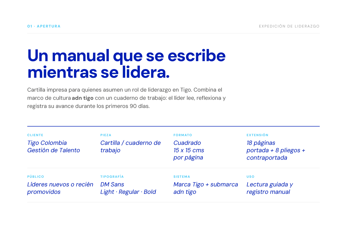 Apertura del caso: «Un manual que se escribe mientras se lidera», con la ficha de cliente, pieza, formato y extensión