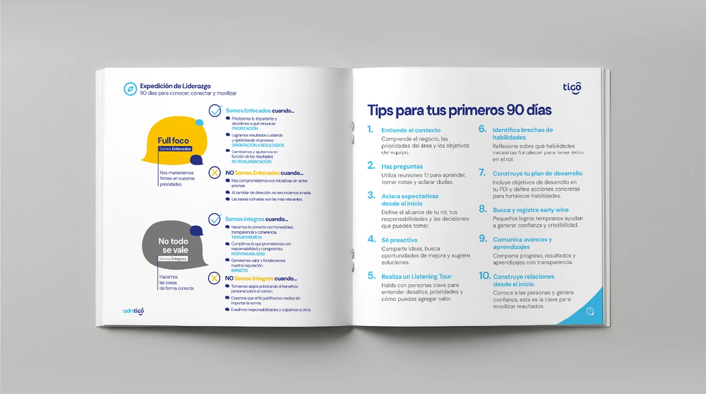 Pliego con los pilares Enfocados e Íntegros y los diez tips para los primeros 90 días