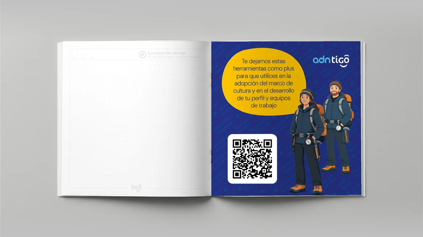 Pliego de herramientas con código QR y dos expedicionarios ilustrados