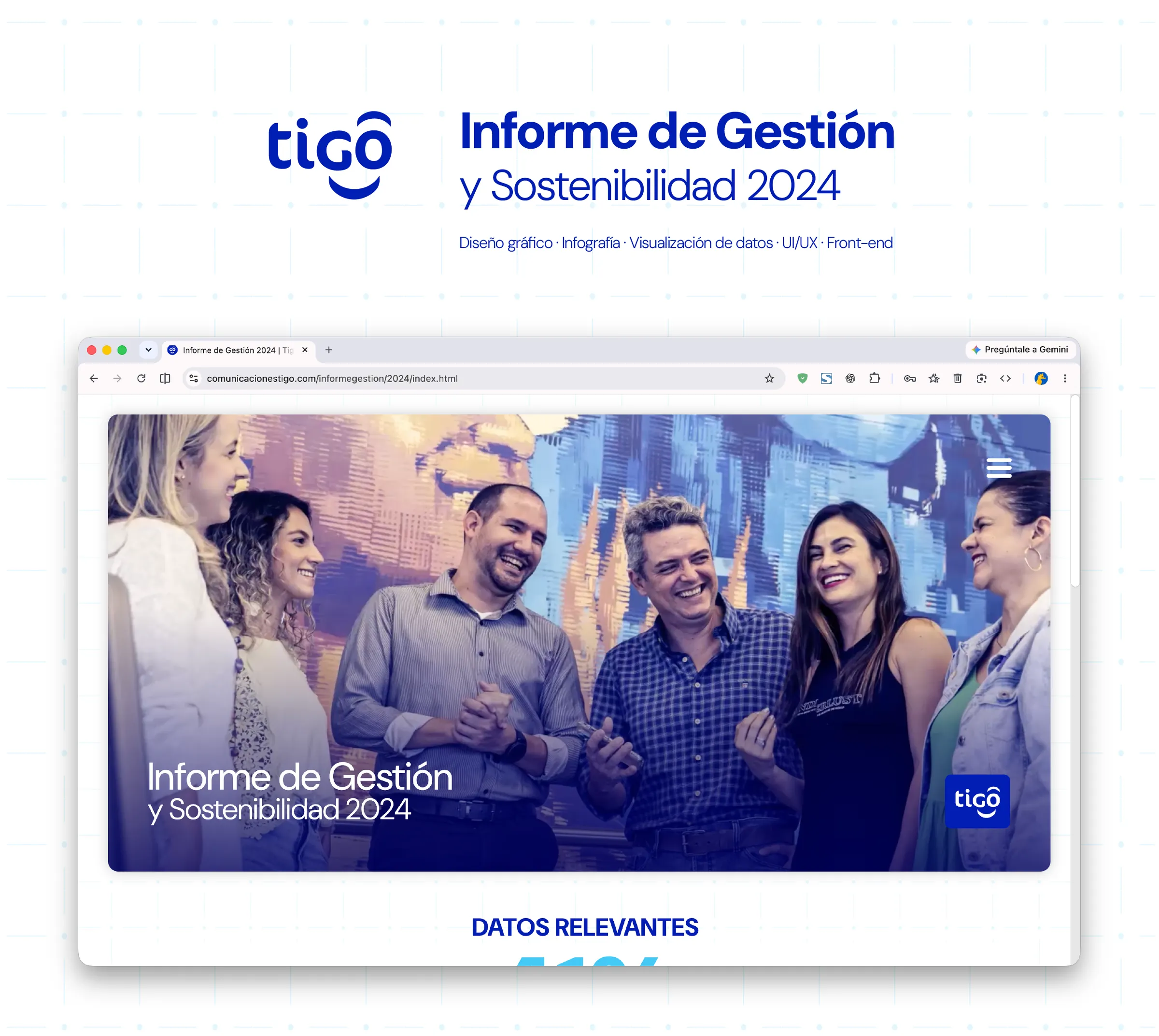 Portada del Informe de Gestión y Sostenibilidad 2024 de Tigo, con el sitio web abierto en un navegador y un grupo de colaboradores sonriendo
