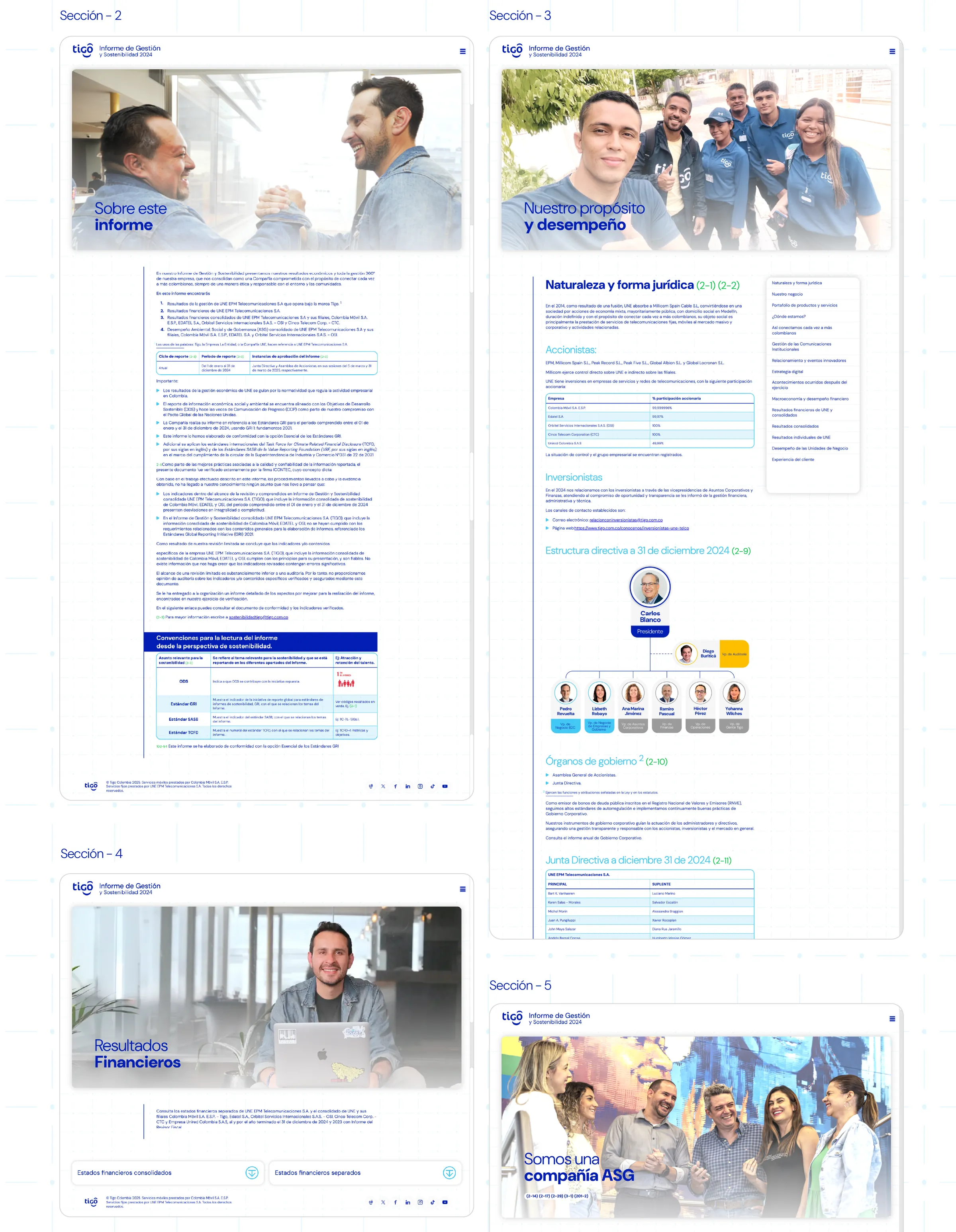 Cuatro secciones del informe web con texto extenso: sobre este informe, propósito y desempeño, resultados financieros y compañía ASG