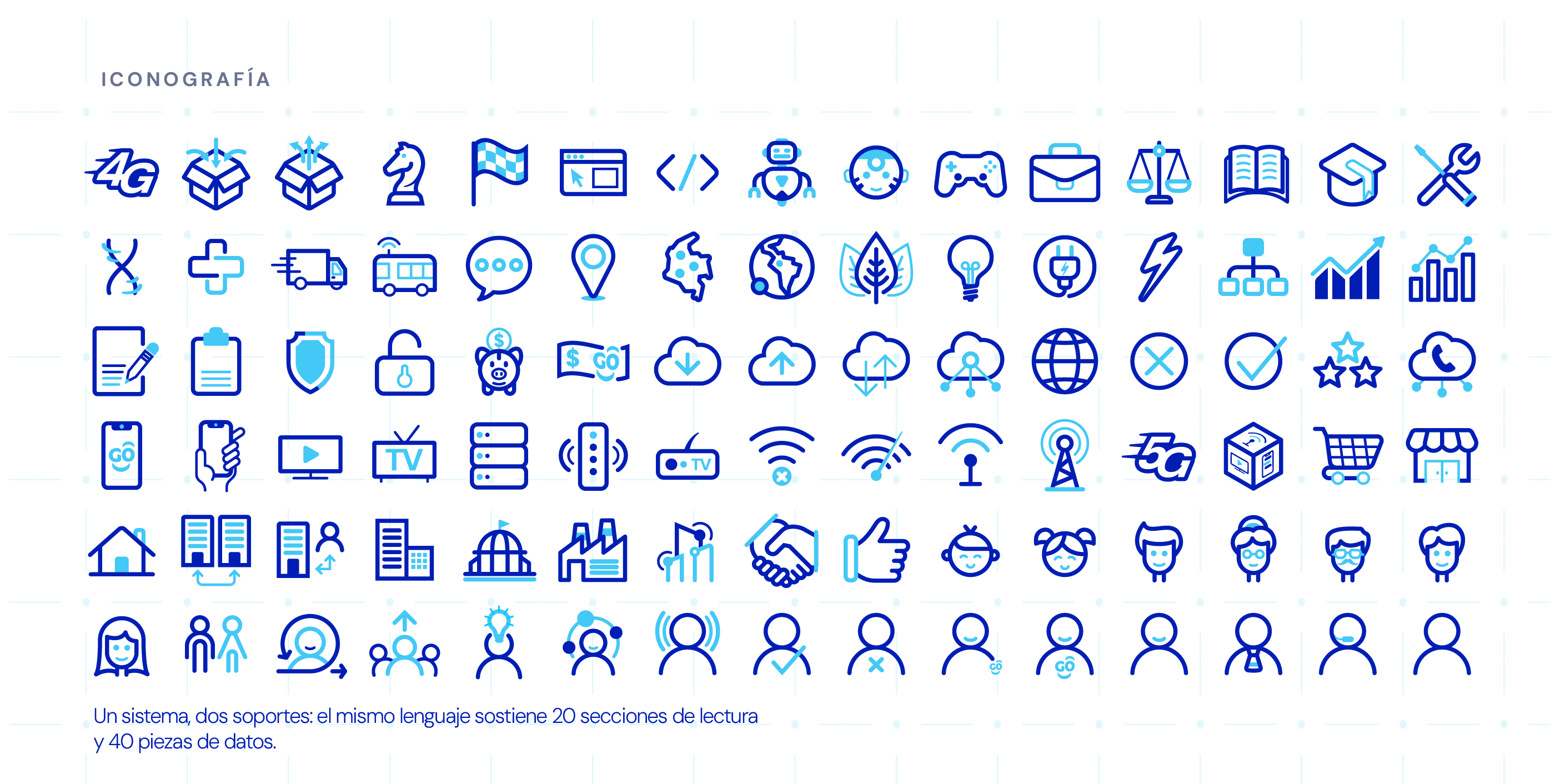Biblioteca de iconos lineales azules del informe web, organizados en cuadrícula