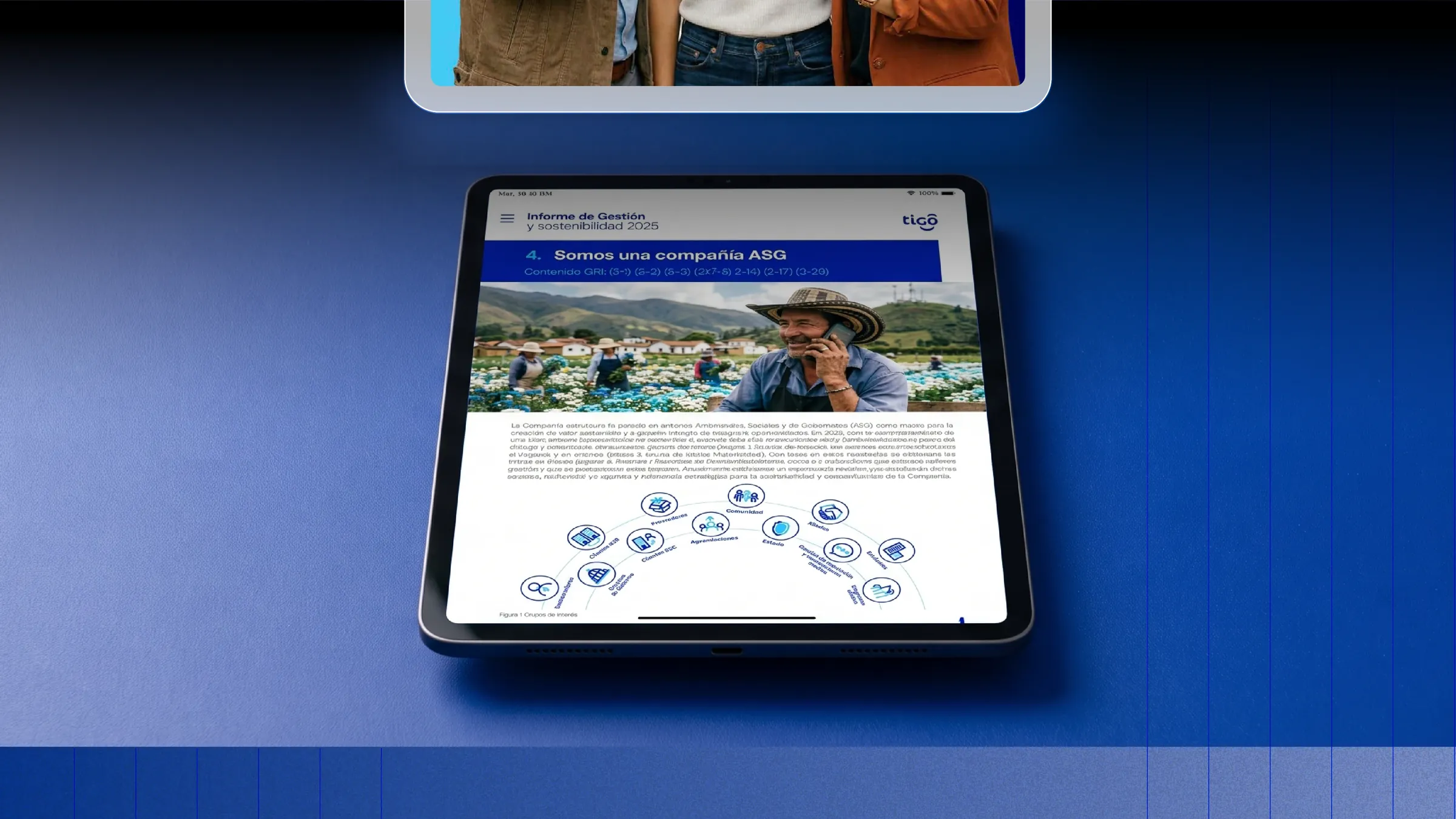 Tableta con la sección «Somos una compañía ASG» del informe, con la foto de un campesino al teléfono y un esquema de grupos de interés