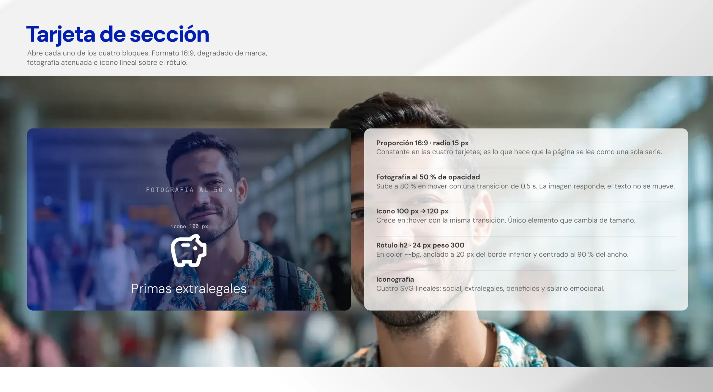 Tarjeta de sección: fotografía atenuada, ícono y rótulo sobre el degradado de marca