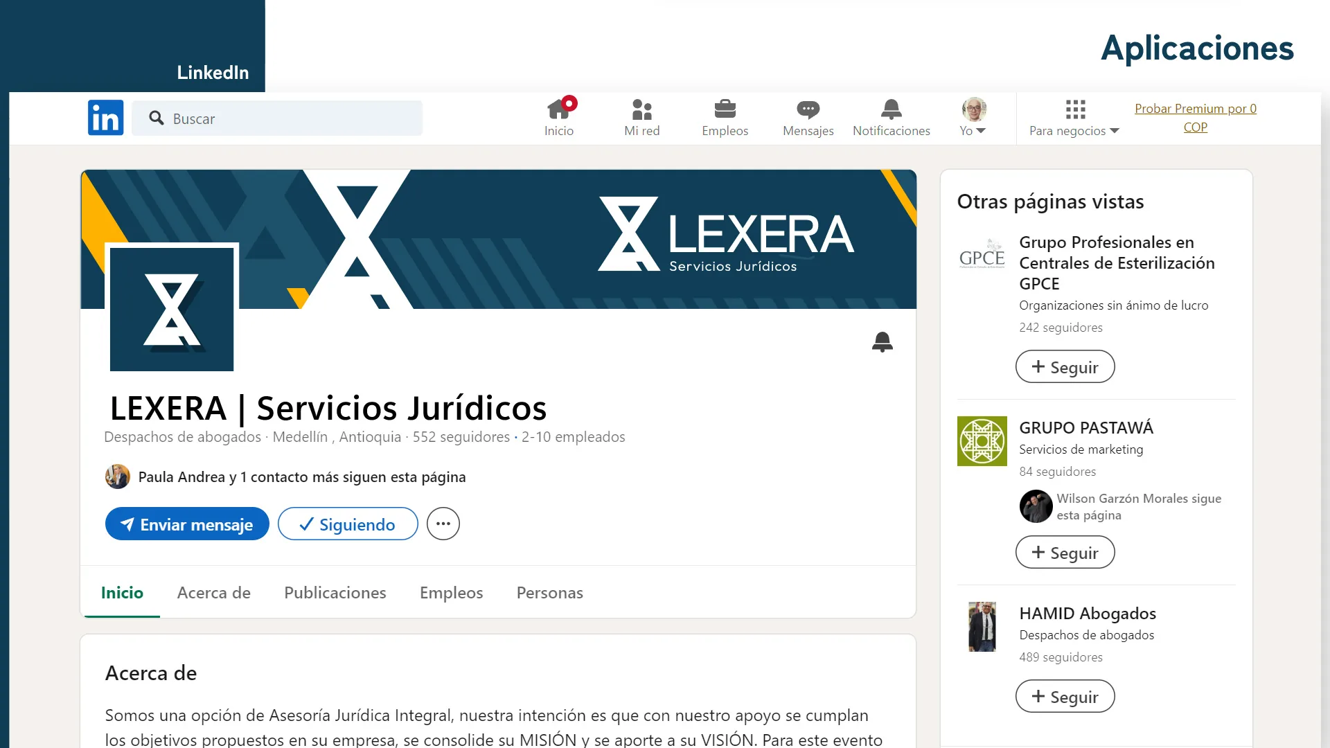 Página de Lexera en LinkedIn