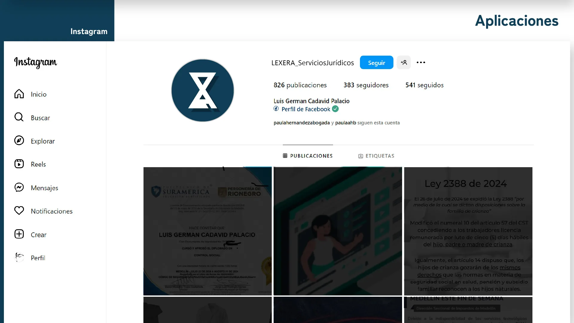 Perfil de Lexera en Instagram
