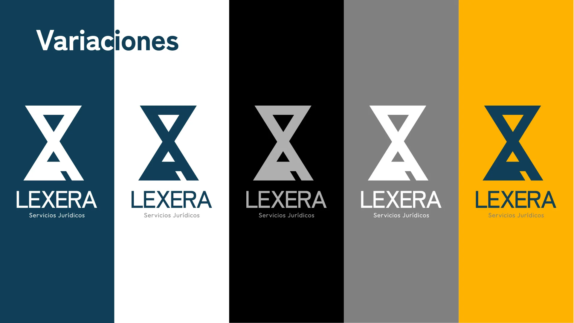 Variaciones del logotipo de Lexera sobre fondos azul, blanco, negro, gris y amarillo