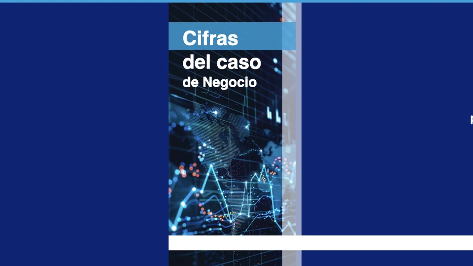 Diapositiva «Cifras del caso de negocio» sobre fondo azul con un gráfico bursátil